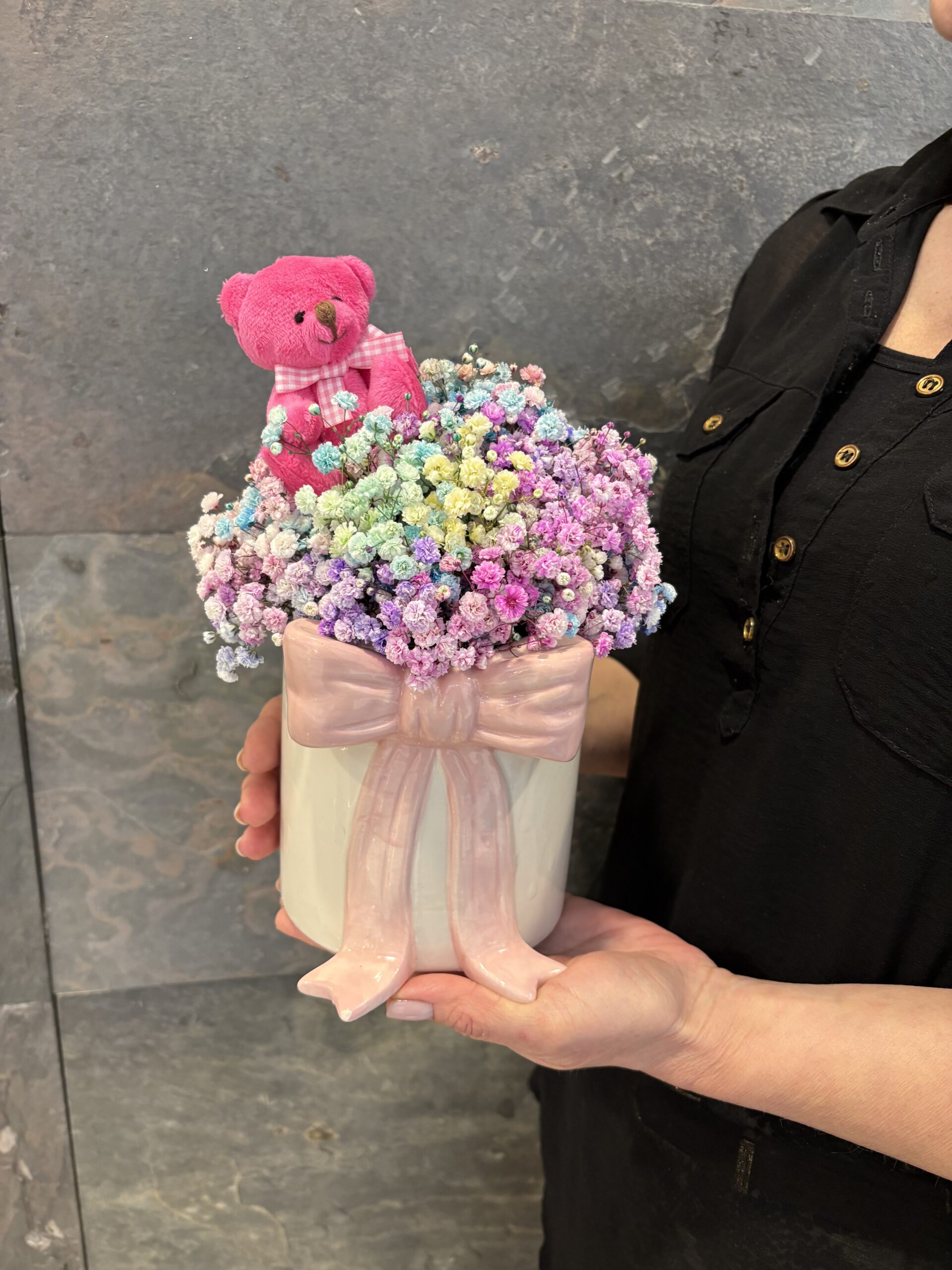 Ceramiczny flowerbox z kokardą i misiem - obrazek 4